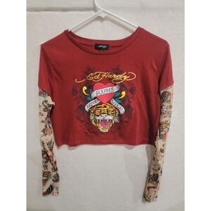 Ed Hardy Love Runs Wild Tiger Crop Top Tattoo Mesh Sleeves Women's XL Burgundy